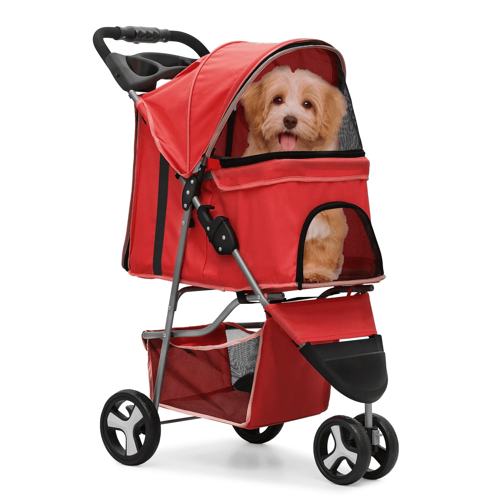 Red pet stroller with a dog inside on a white background