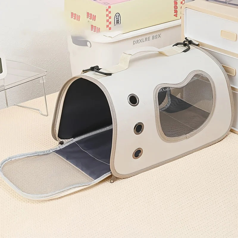 Pet carrier with transparent door on a carpeted floor