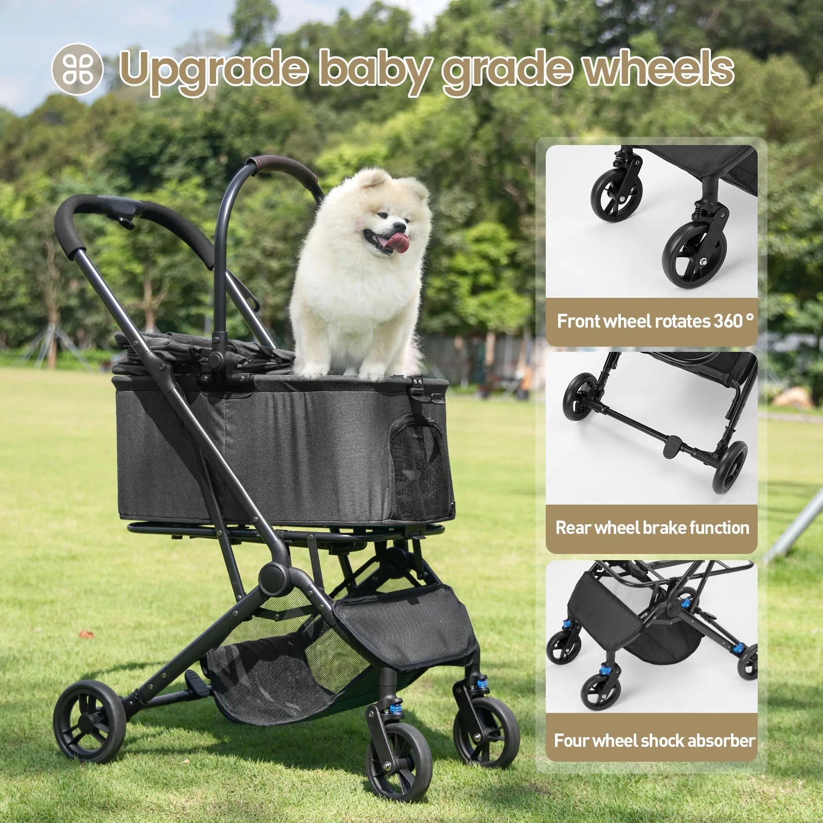 Pet stroller with a dog inside, set against a green outdoor background.