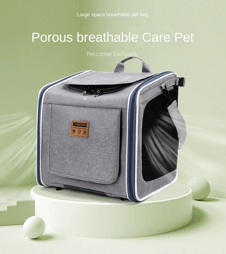 Gray pet carrier backpack on a green background with text indicating it's a porous breathable care pet product.