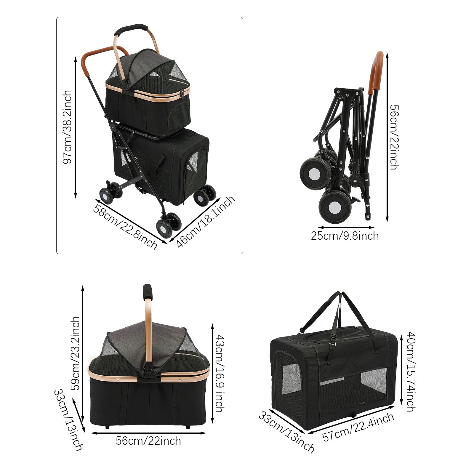 Pet stroller with dimensions displayed on a white background