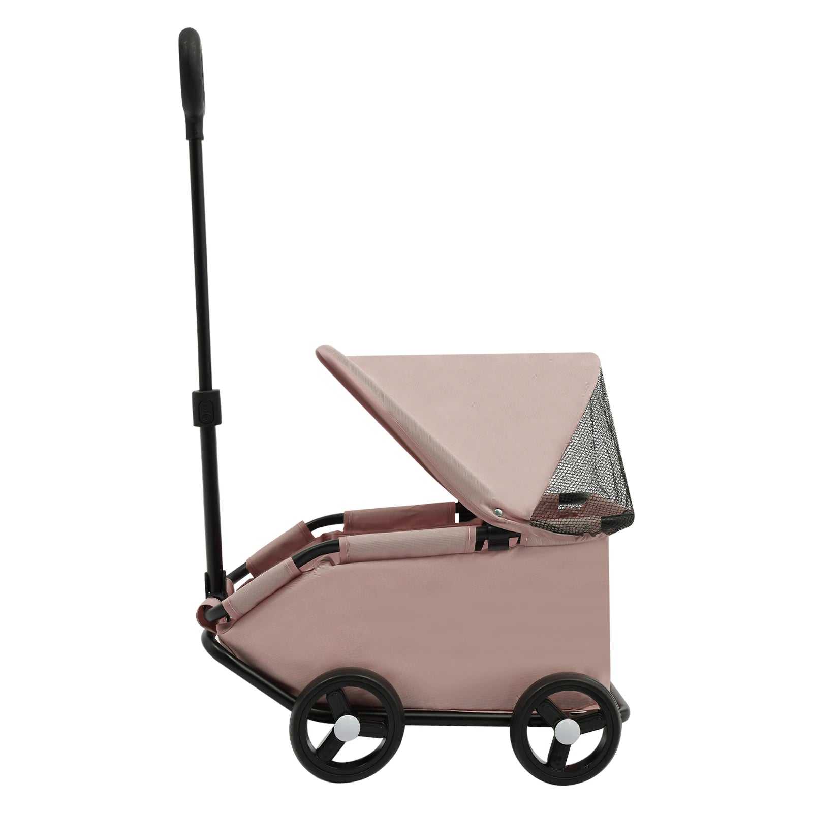 Pink baby stroller with a canopy on a white background