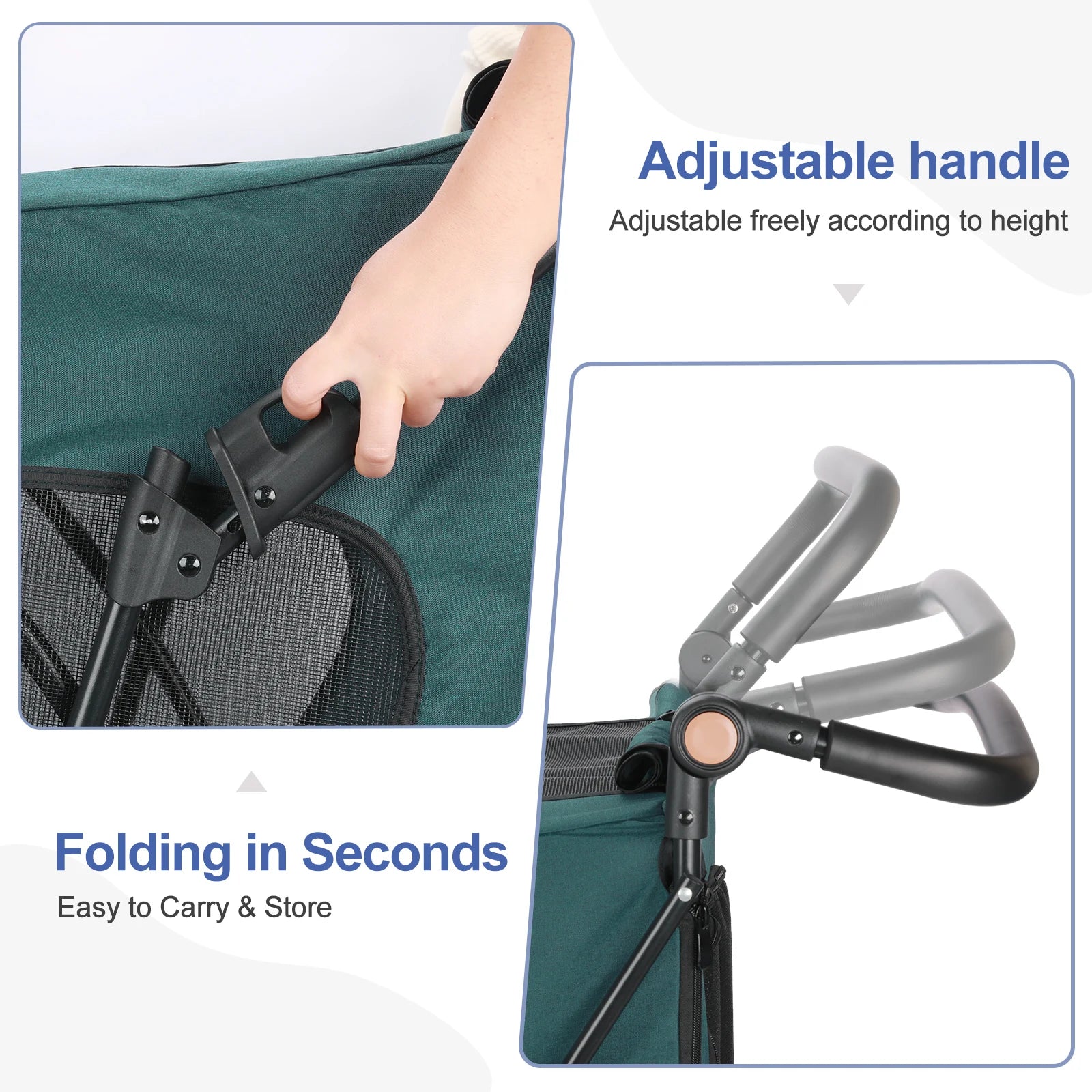 Hand holding a folding chair handle with text on adjustable height and ease of use.
