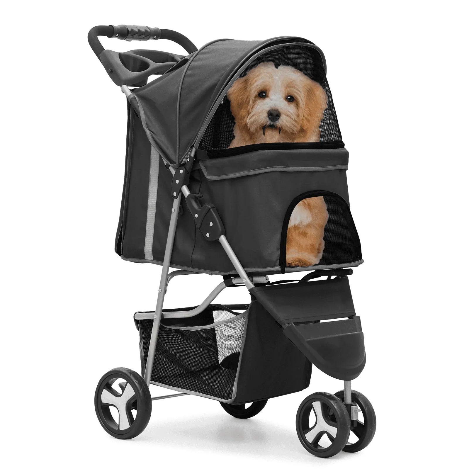 Black pet stroller with a dog inside on a white background