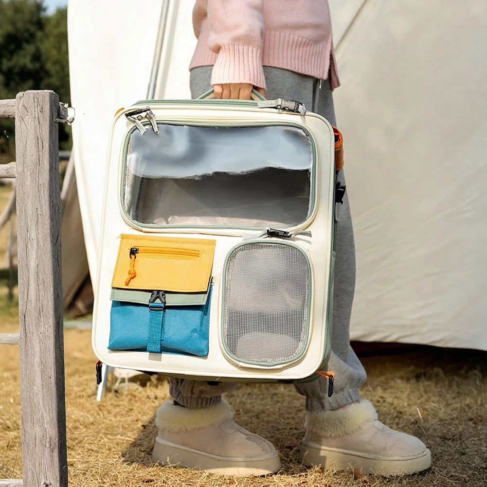 Person holding a transparent pet carrier with camping gear inside, standing near a tent.