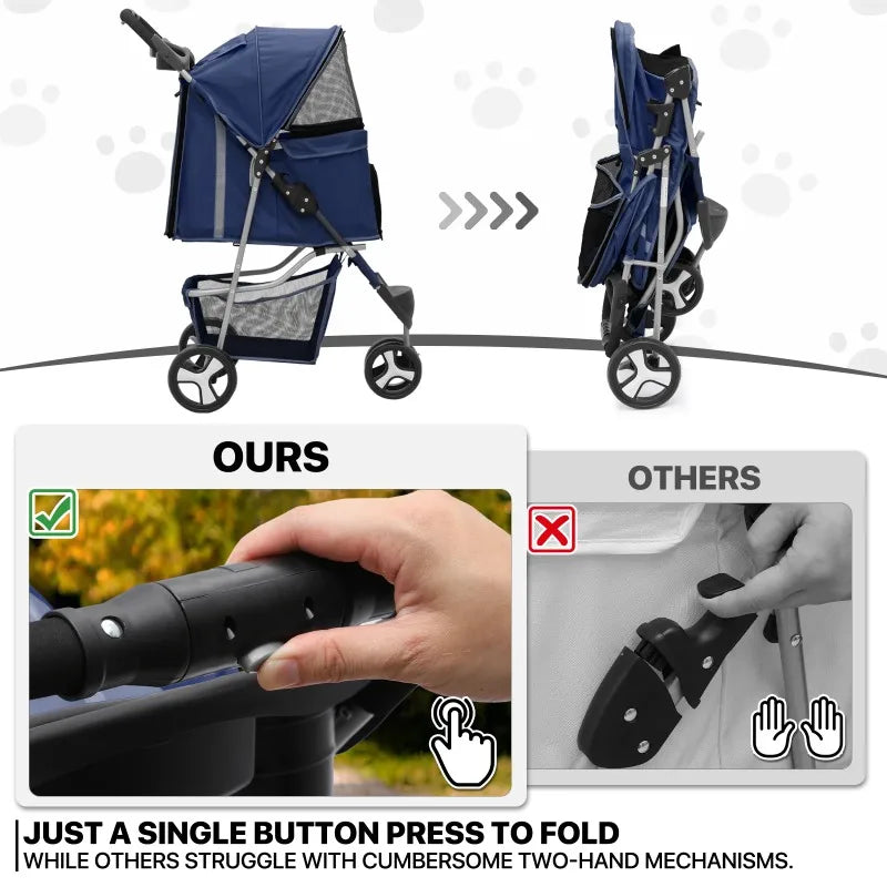 Blue pet stroller with folding mechanism demonstration and comparison to other strollers.