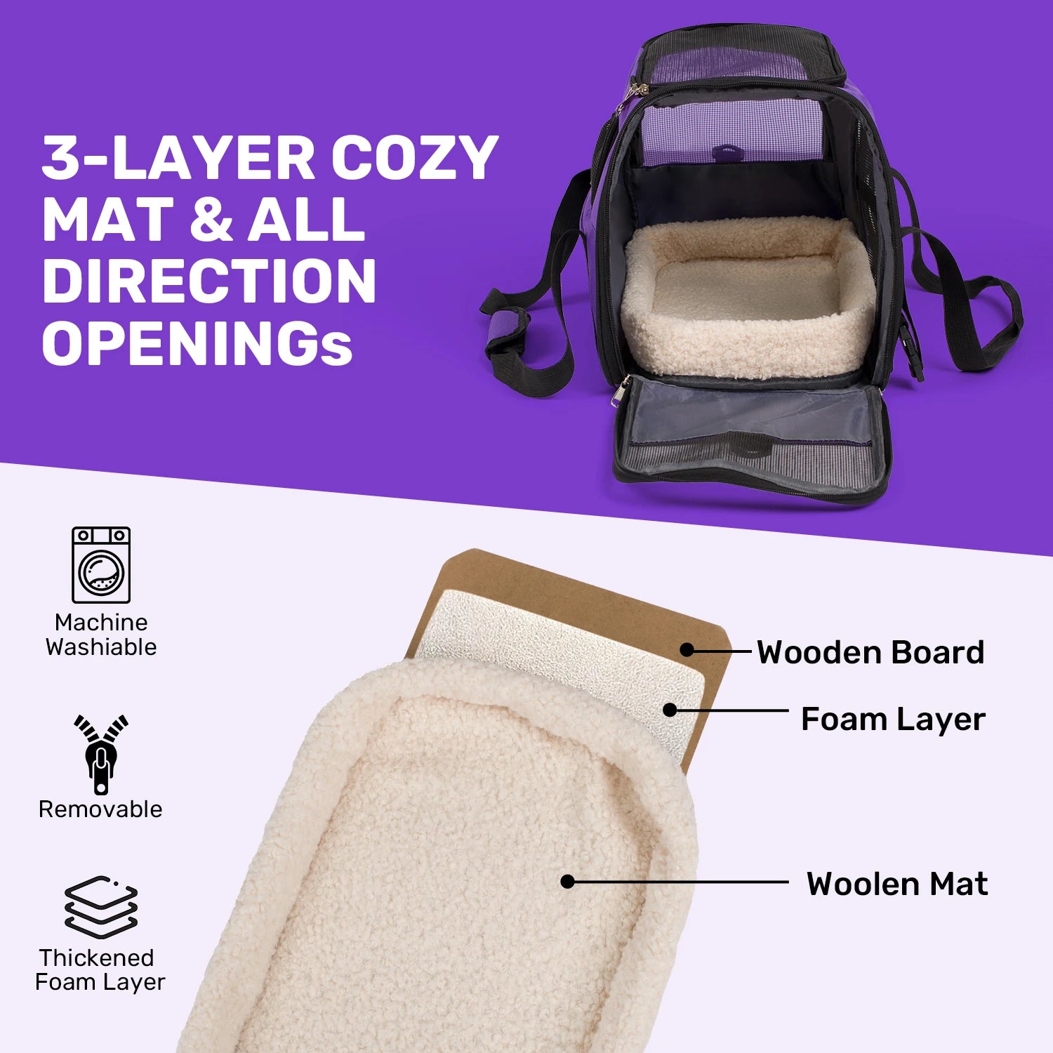Pet carrier with 3-layer cozy mat and all-direction openings on a purple and white background.