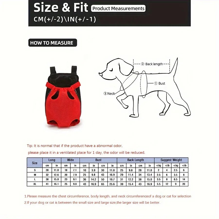 Measurement chart for a dog product with a red and black item and instructions on how to measure a dog.