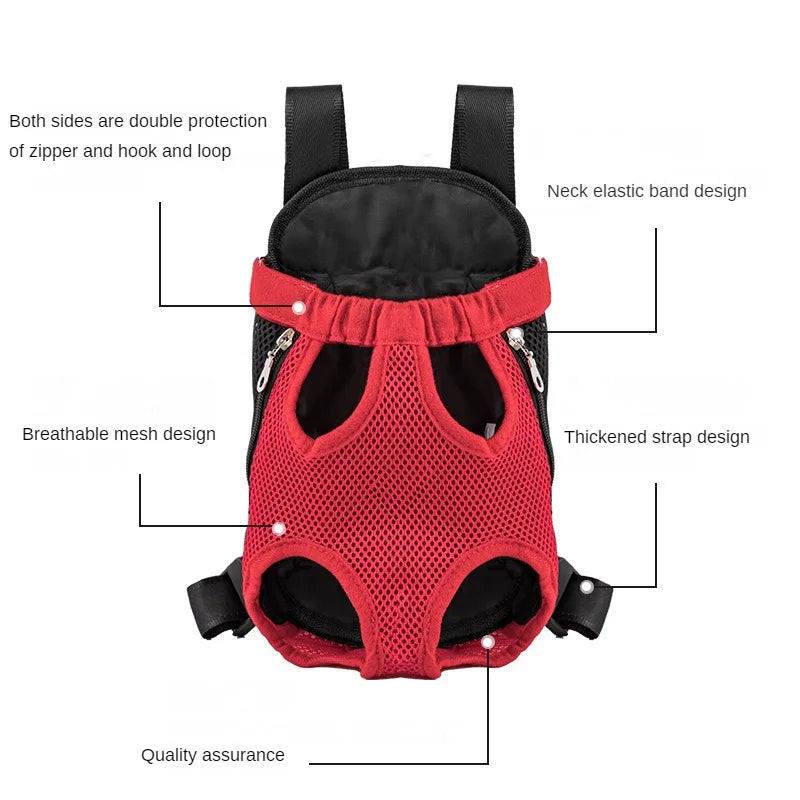 Red pet carrier with features highlighted on a white background