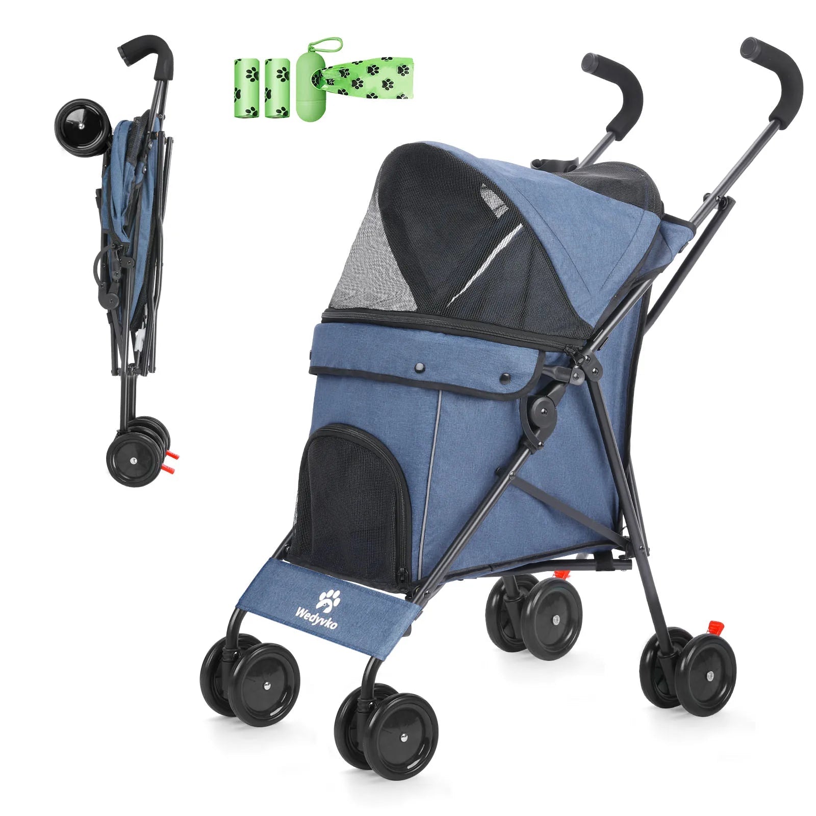 Blue pet stroller with a dog, green bags, and a folded stroller on a white background