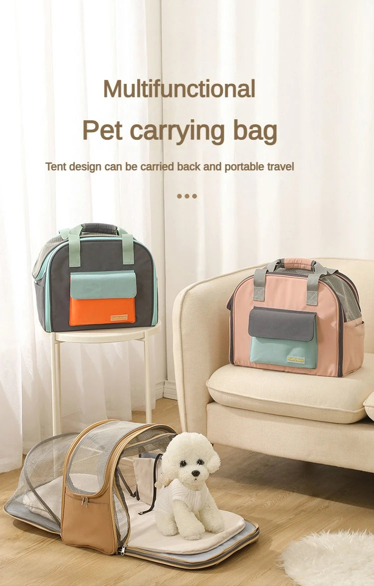 Multifunctional pet carrying bag with a dog inside on a wooden floor.