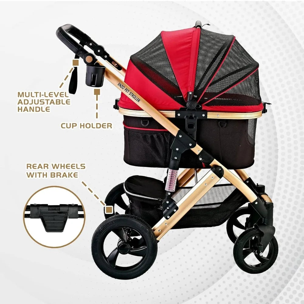 Red and black stroller with features highlighted on a white background
