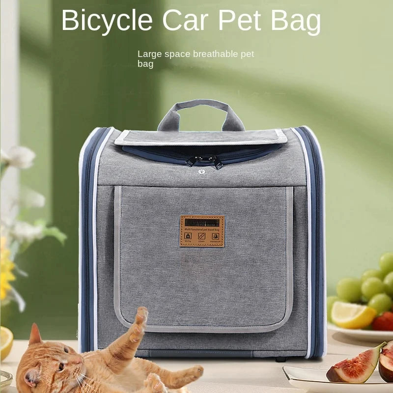 Gray bicycle car pet bag with a cat peeking out, on a blurred background of fruits and flowers.