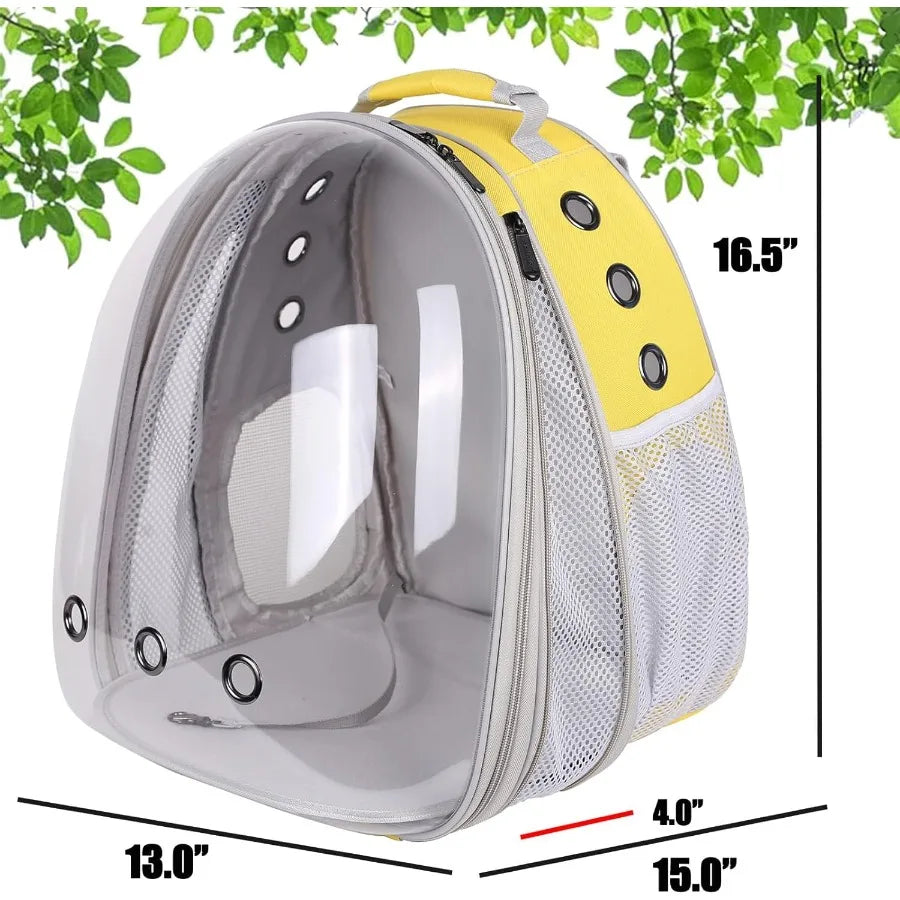Pet carrier with clear front panel, yellow top, and white sides, with dimensions displayed.