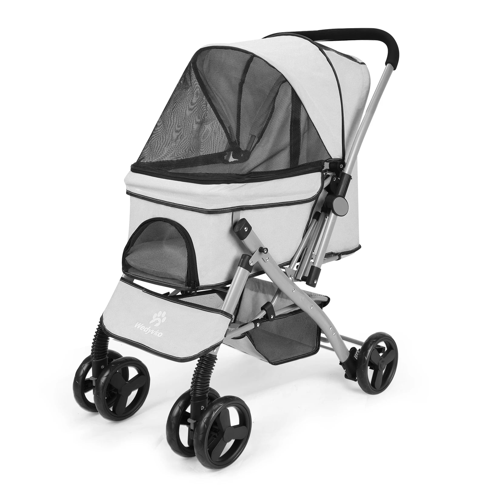 Pet stroller with a white and gray design on a white background