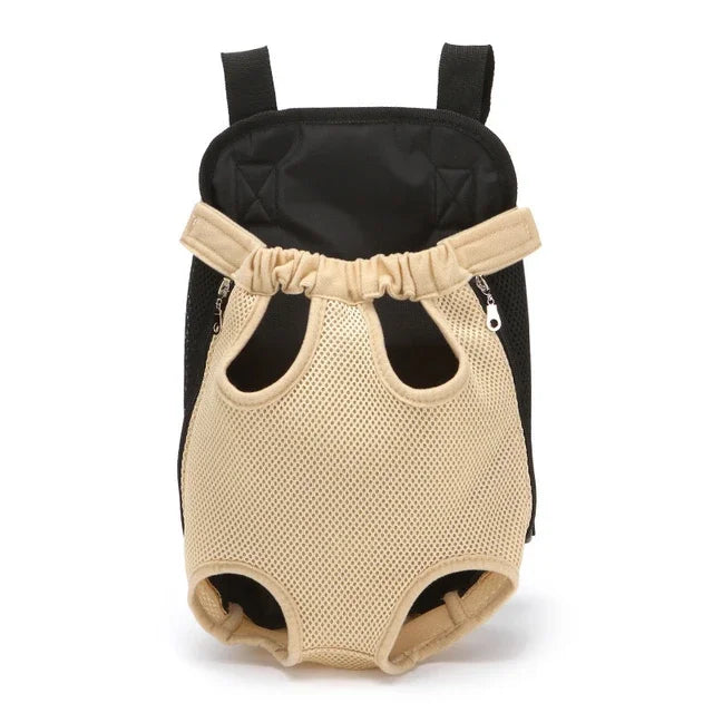 Pet carrier with beige mesh front and black sides on a white background