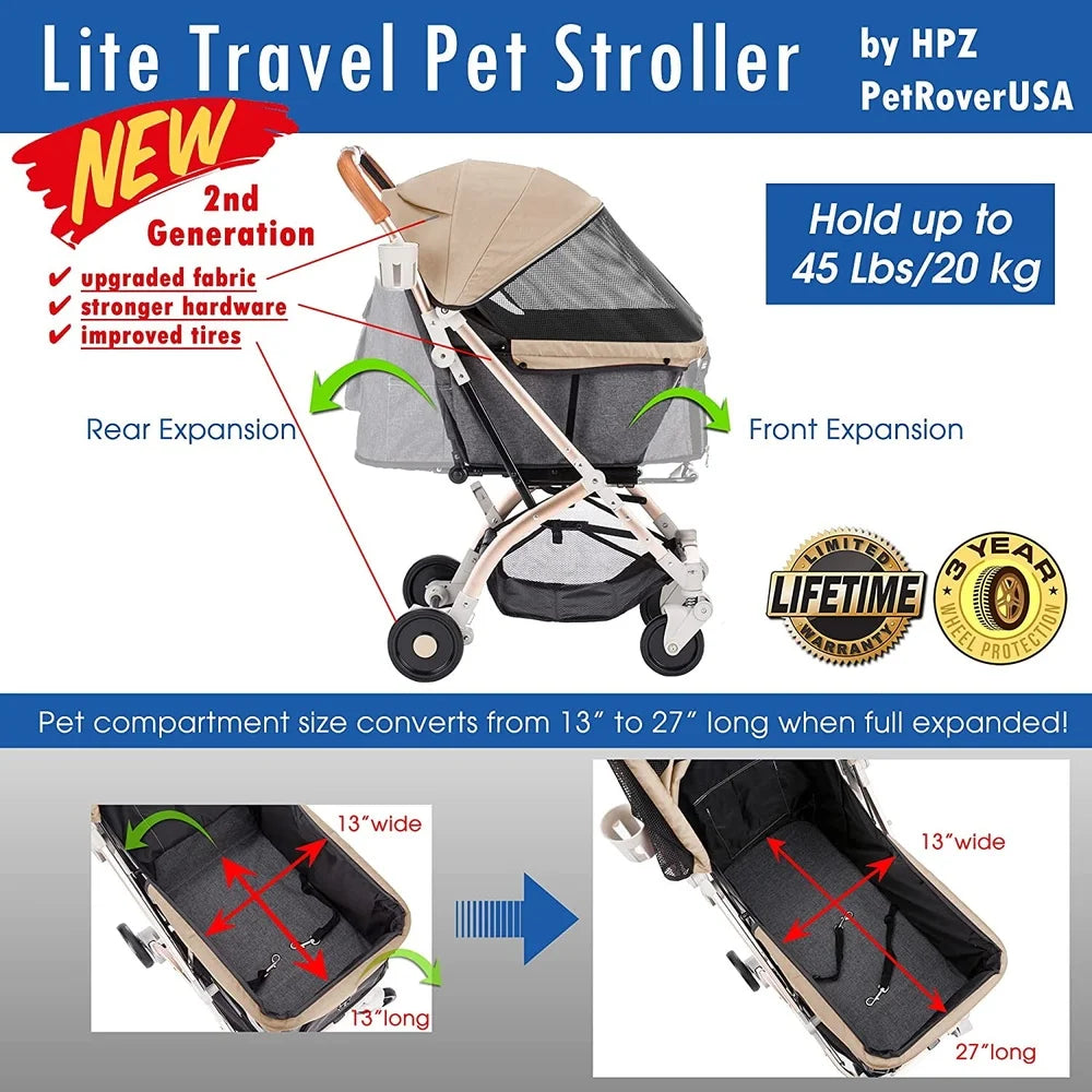Lite Travel Pet Stroller with features highlighted on a blue and white background