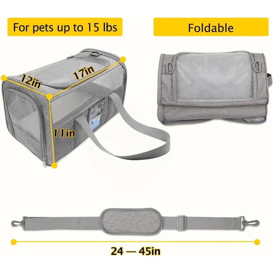 Gray pet carrier with measurements and features on a white background