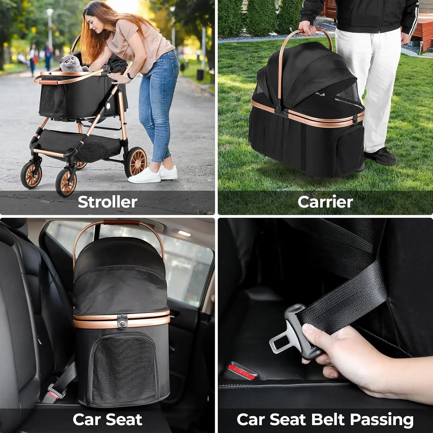 Multifunctional baby carrier with stroller, carrier, car seat, and car seat belt passing features.