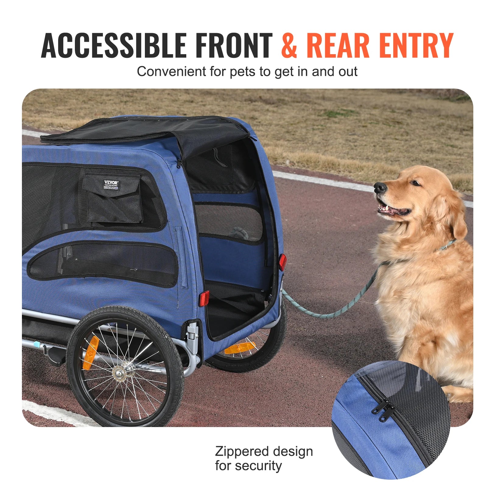 Blue pet bike trailer with a dog on a leash, featuring accessible front and rear entry.