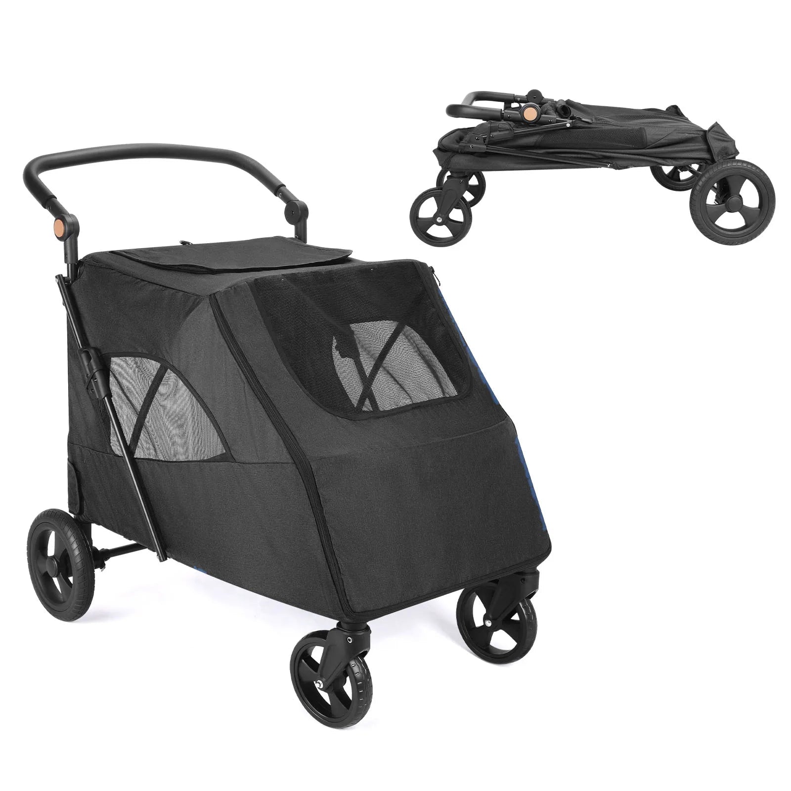 Black pet stroller with a dog sitting next to it on a white background