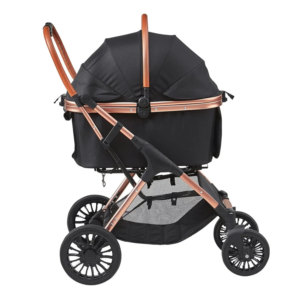 Black and rose gold stroller on a white background