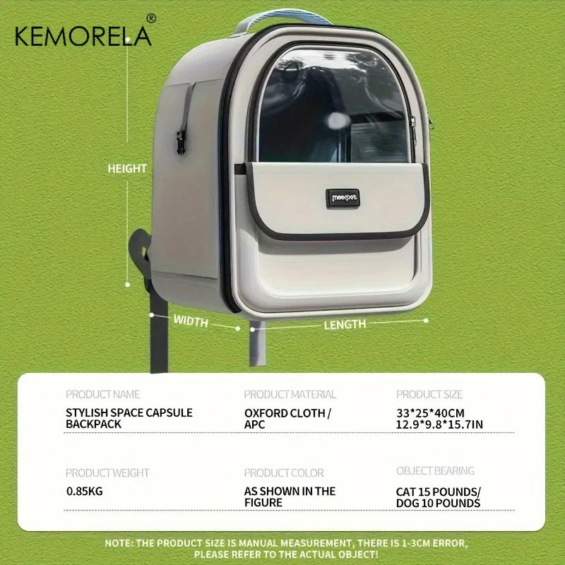 Komorela backpack with dimensions and product details on a green background