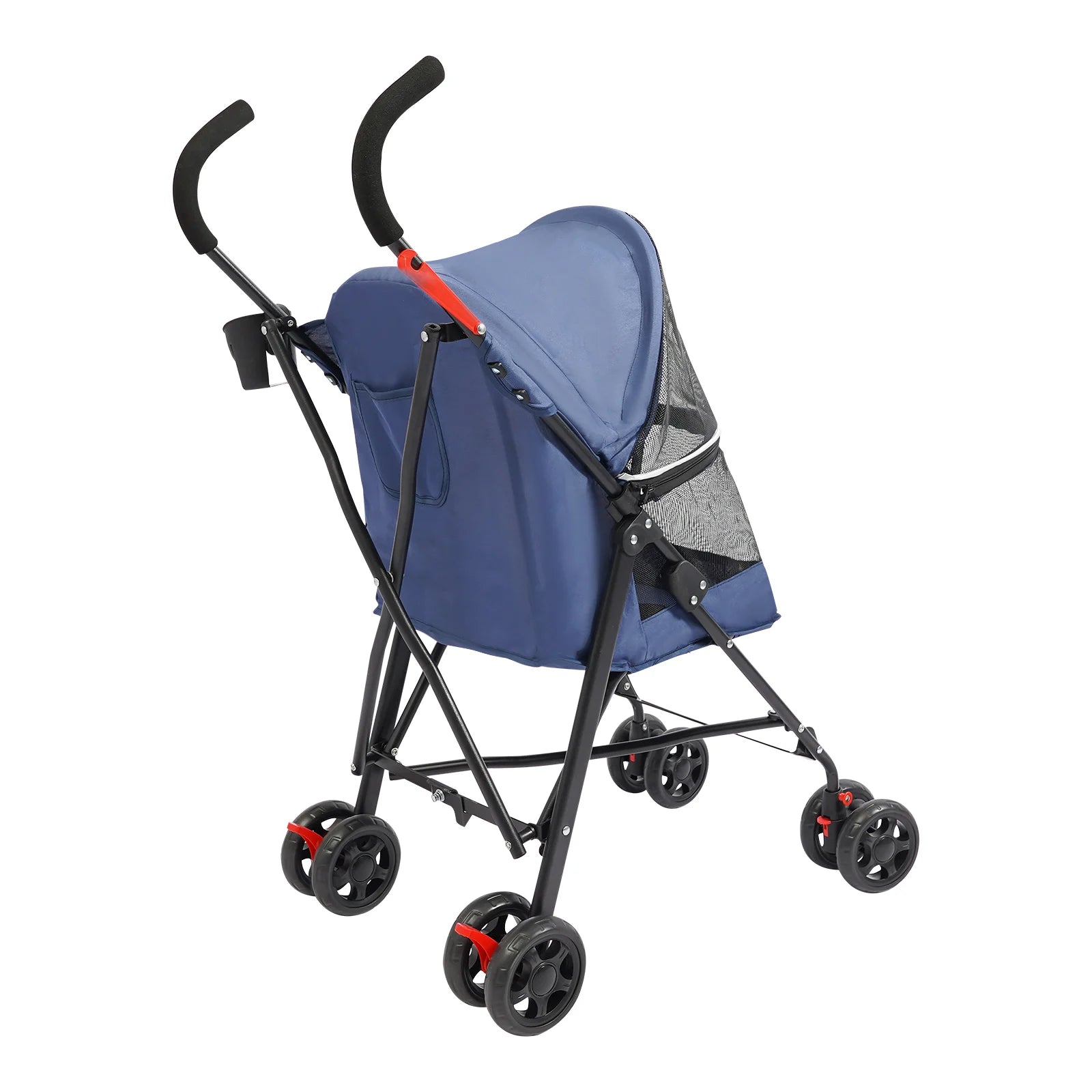Blue baby stroller with black frame and red wheels on a white background