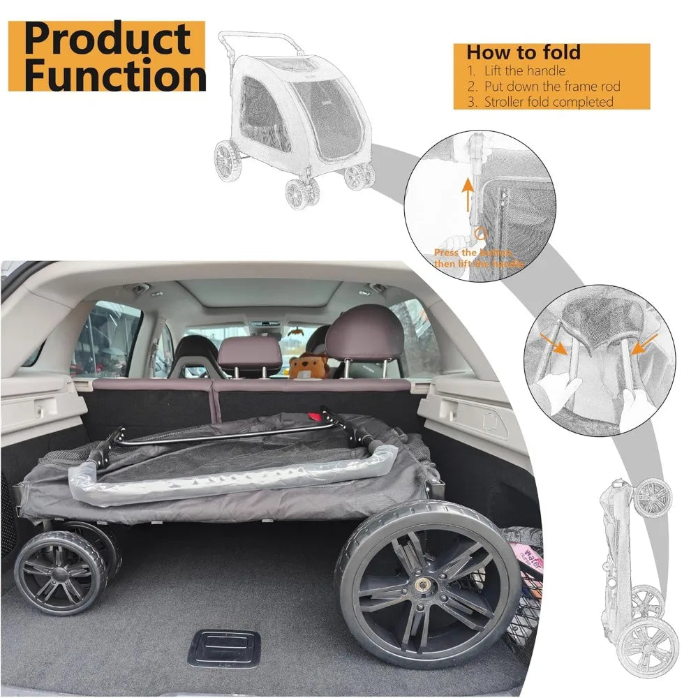 Pet stroller being folded in a car trunk with step-by-step folding instructions.