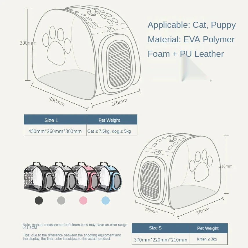 Pet carrier with dimensions and material details on a white background
