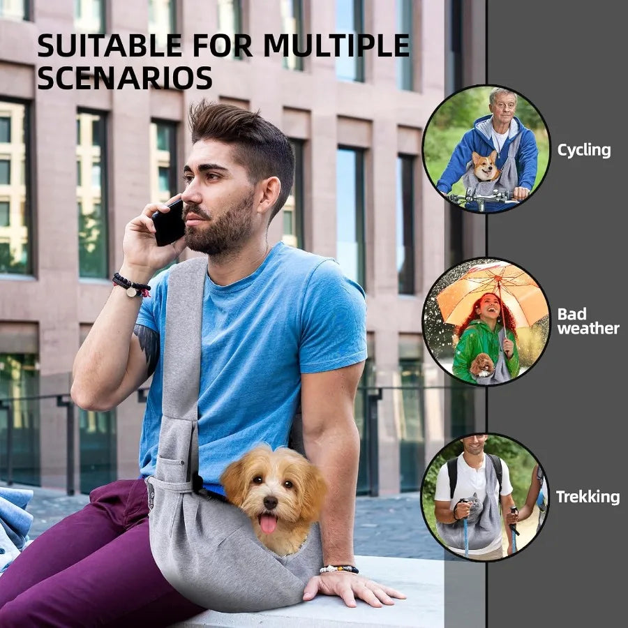 Man using a pet sling with a dog, suitable for multiple scenarios including cycling, bad weather, and trekking.