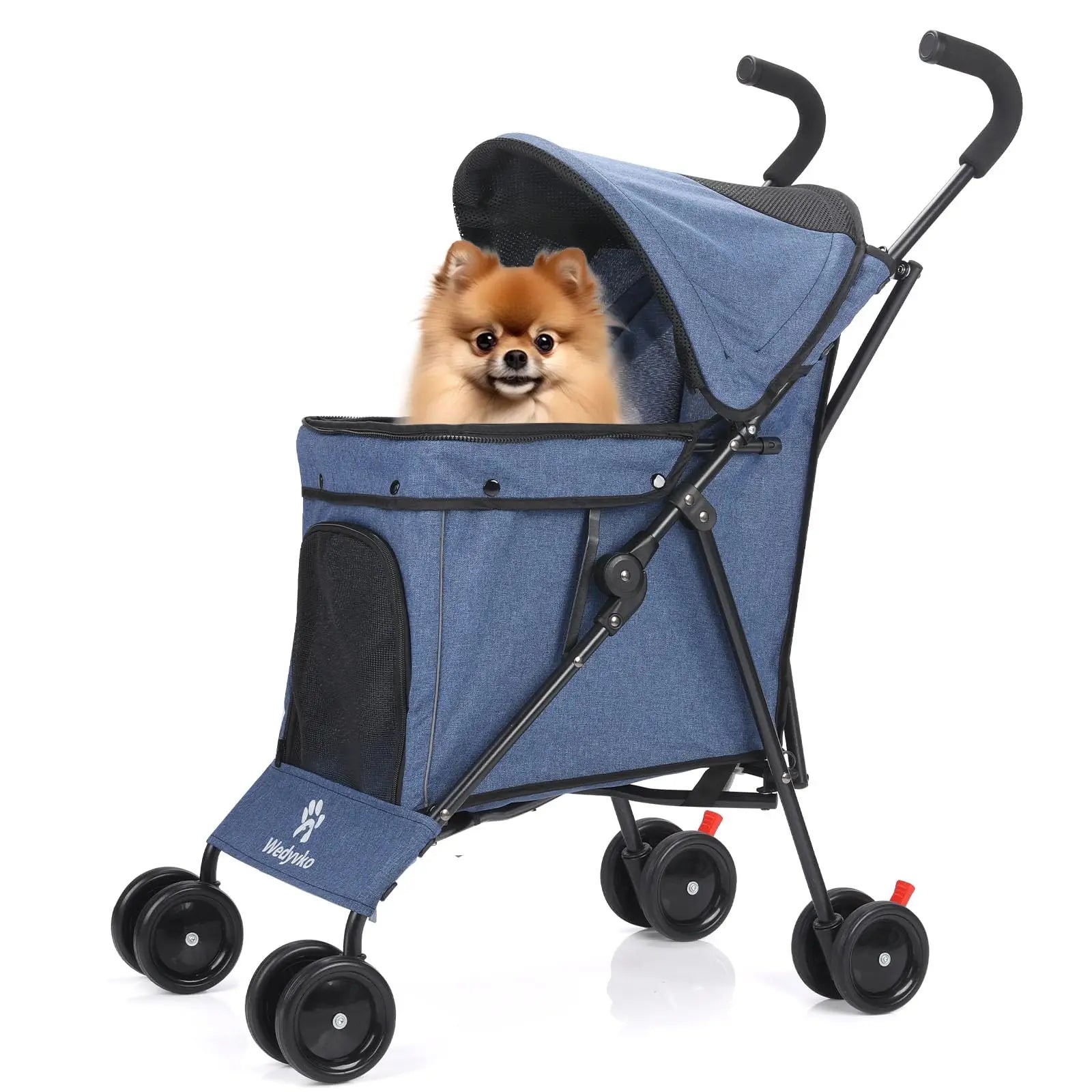 Blue pet stroller with a small dog inside on a white background