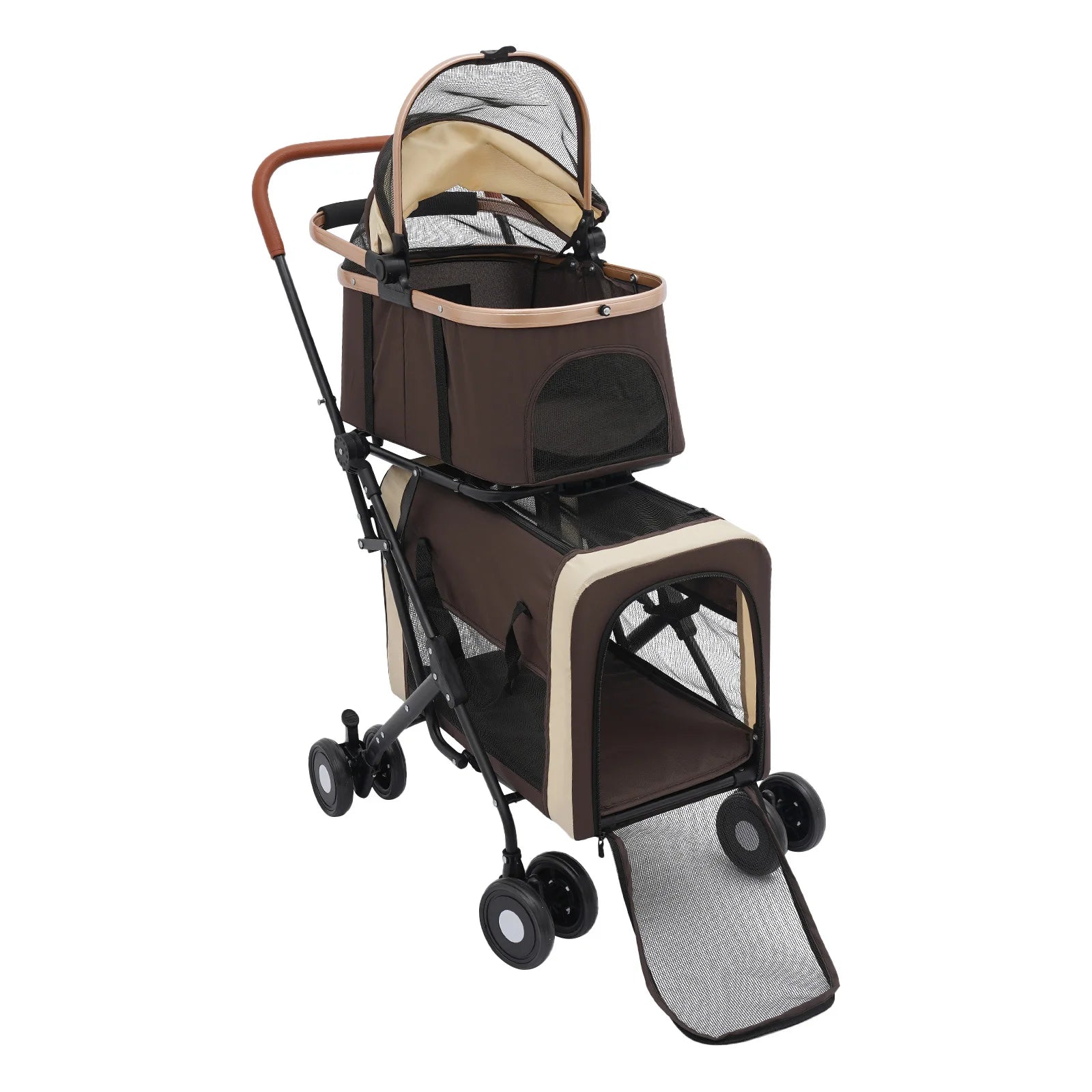 Brown and beige pet stroller on a white background