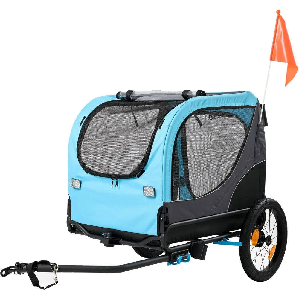 Blue pet bike trailer with a black mesh door on a white background