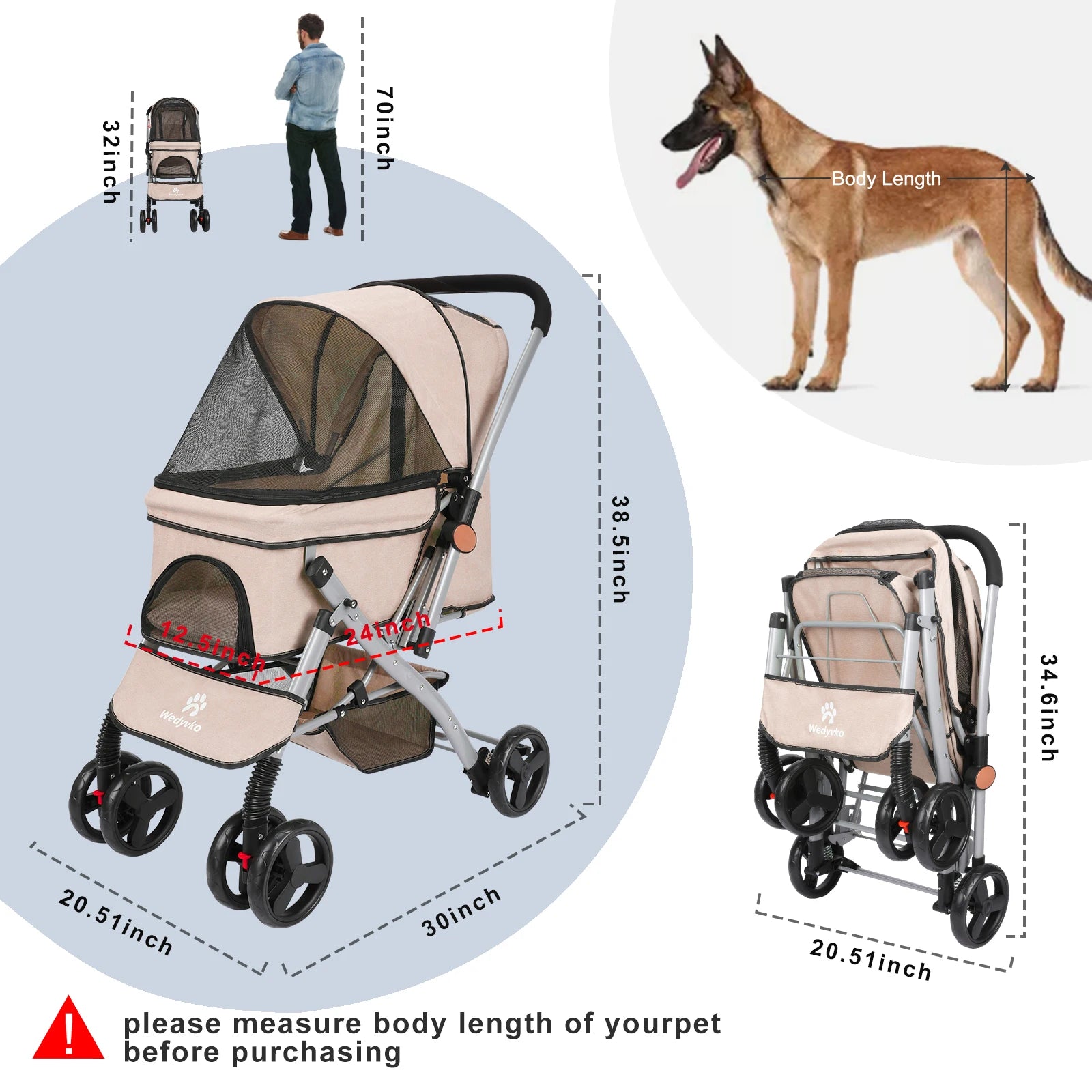 Pet stroller with dimensions and a dog for scale on a white background