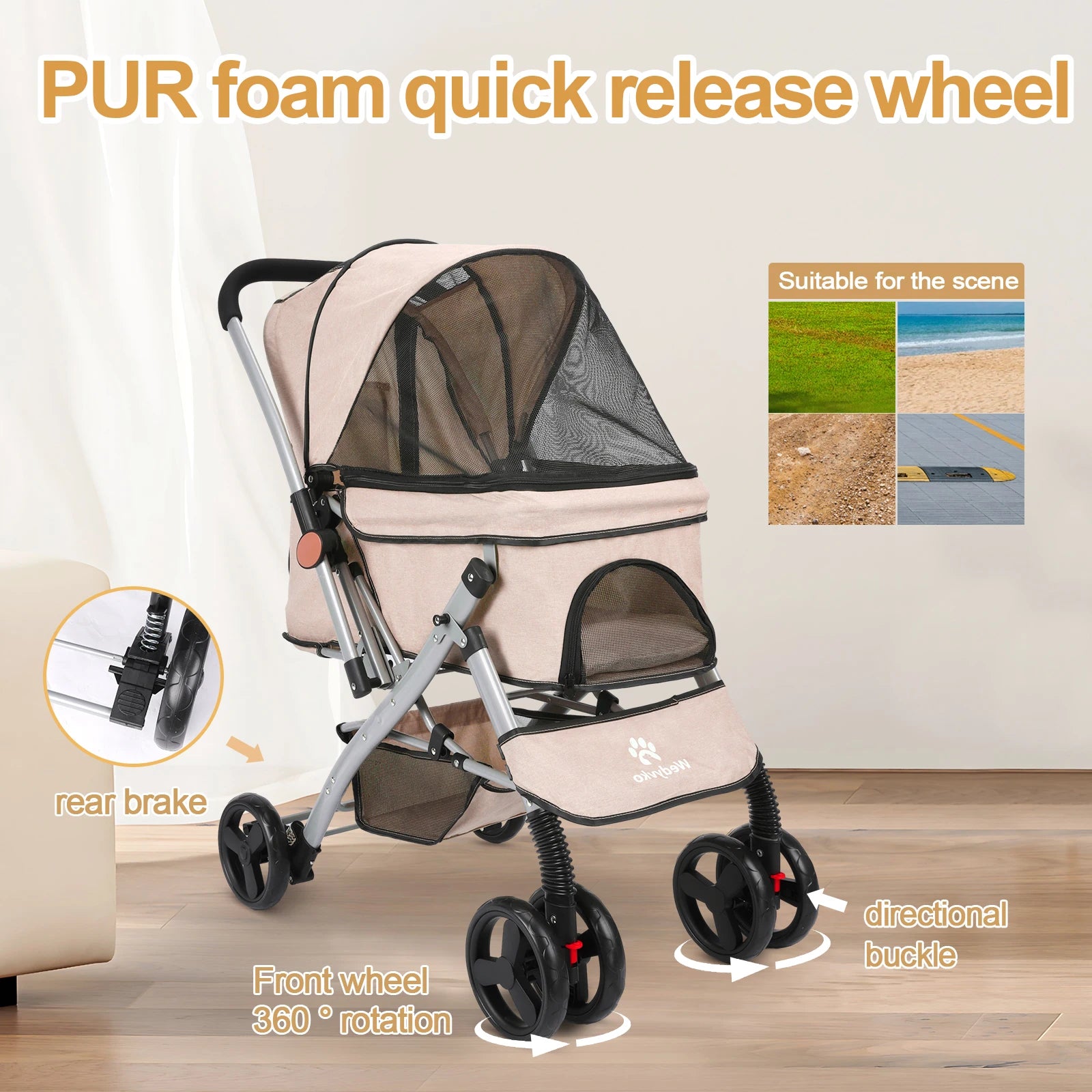Pet stroller with PUR foam quick release wheel features on a wooden floor.