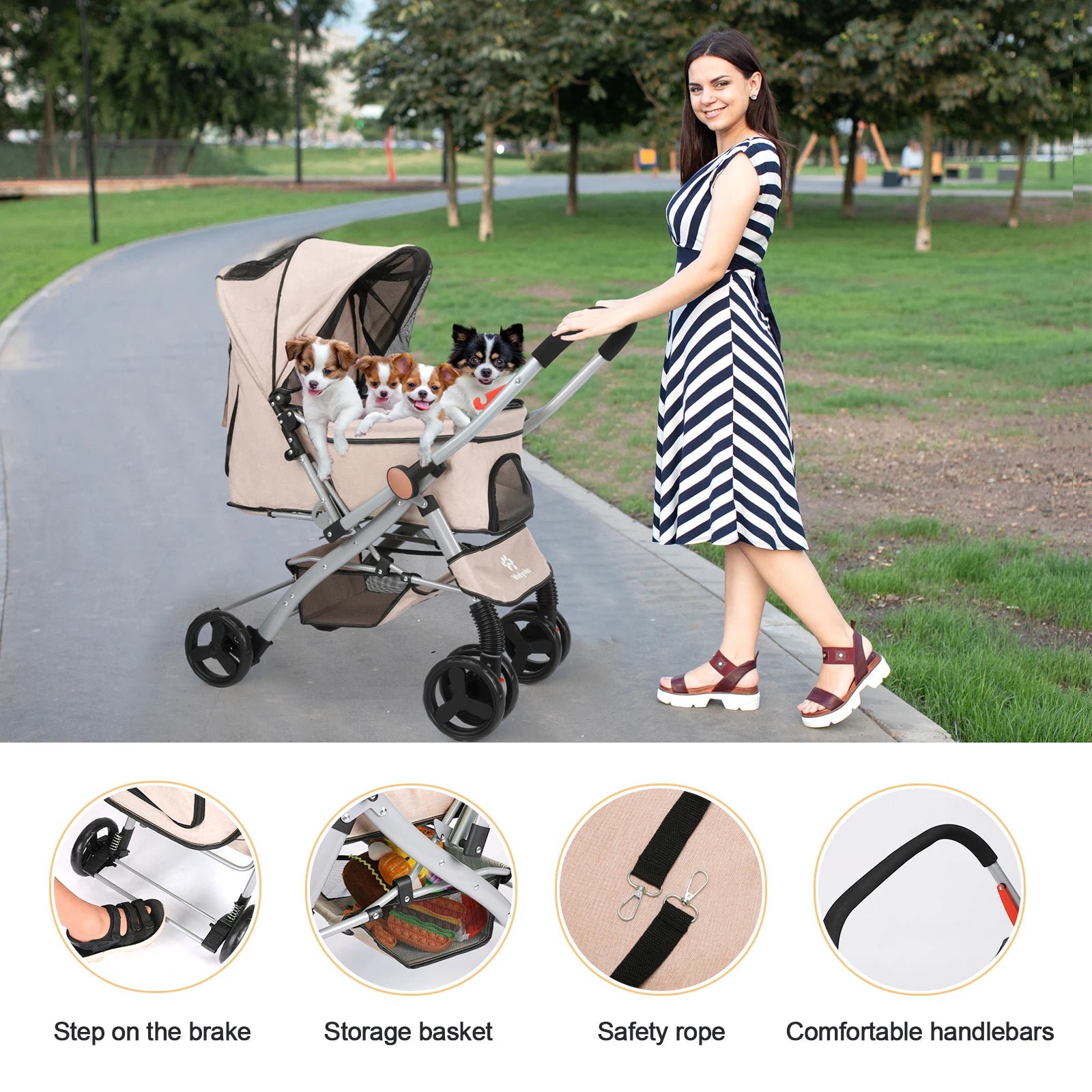 Woman pushing a stroller with dogs in a park, featuring stroller features on a white background.