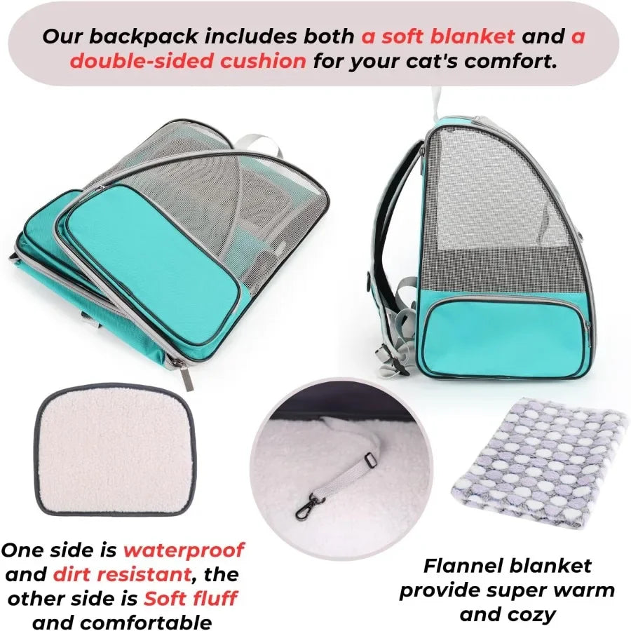 Pet backpack with soft blanket and double-sided cushion for cat comfort, featuring waterproof and flannel sides.