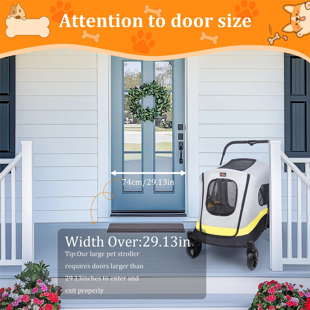 Pet stroller on a porch with door size requirement text