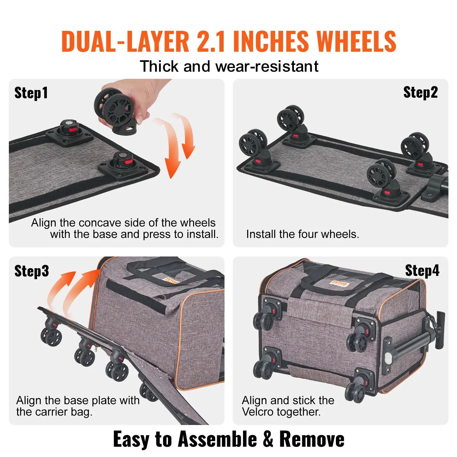 Step-by-step guide on assembling a pet carrier with wheels.