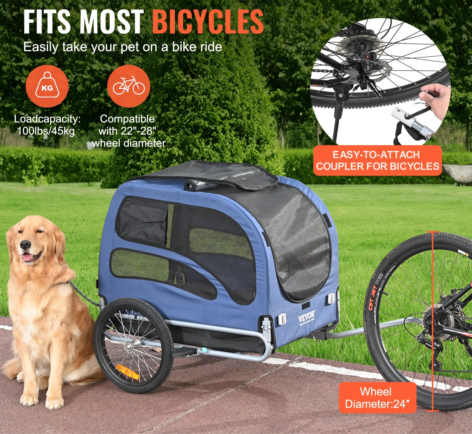 Vevor bicycle pet trailer with a dog, suitable for most bicycles, on a grassy background.