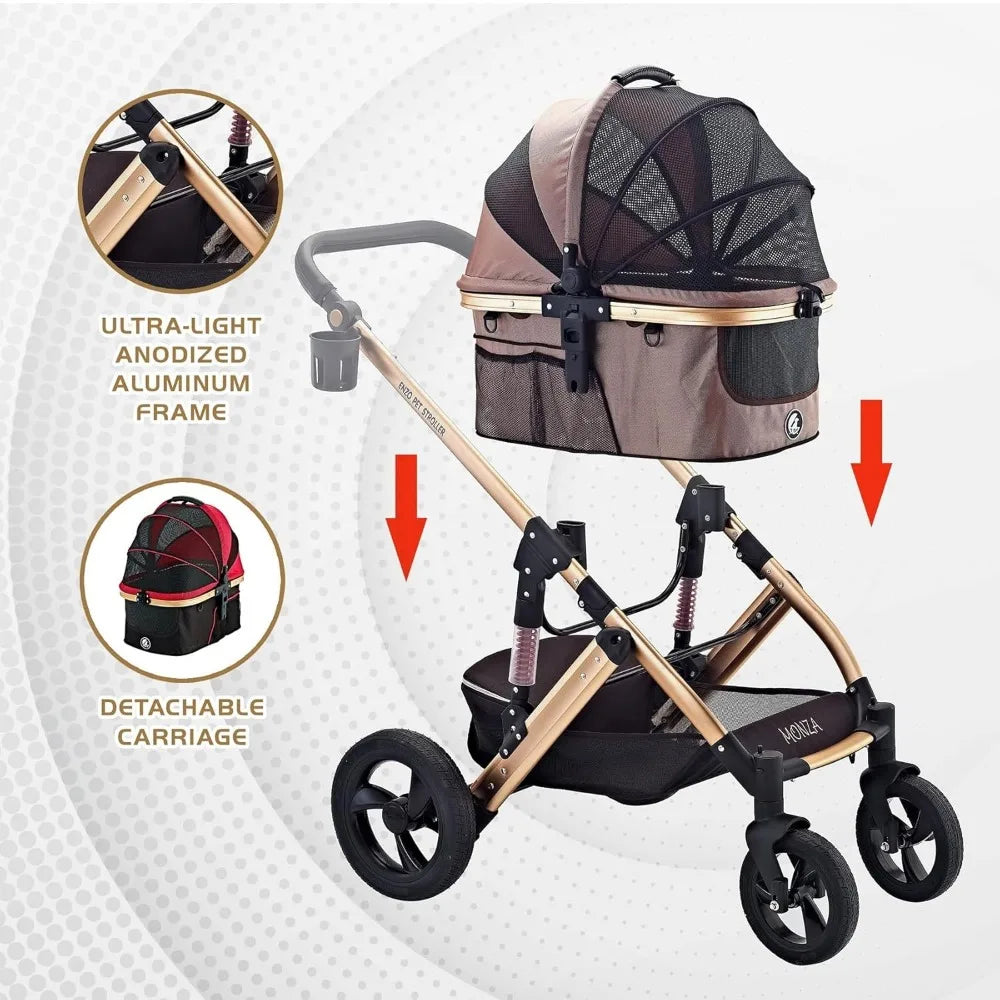 Pet stroller with detachable carriage feature on a white background