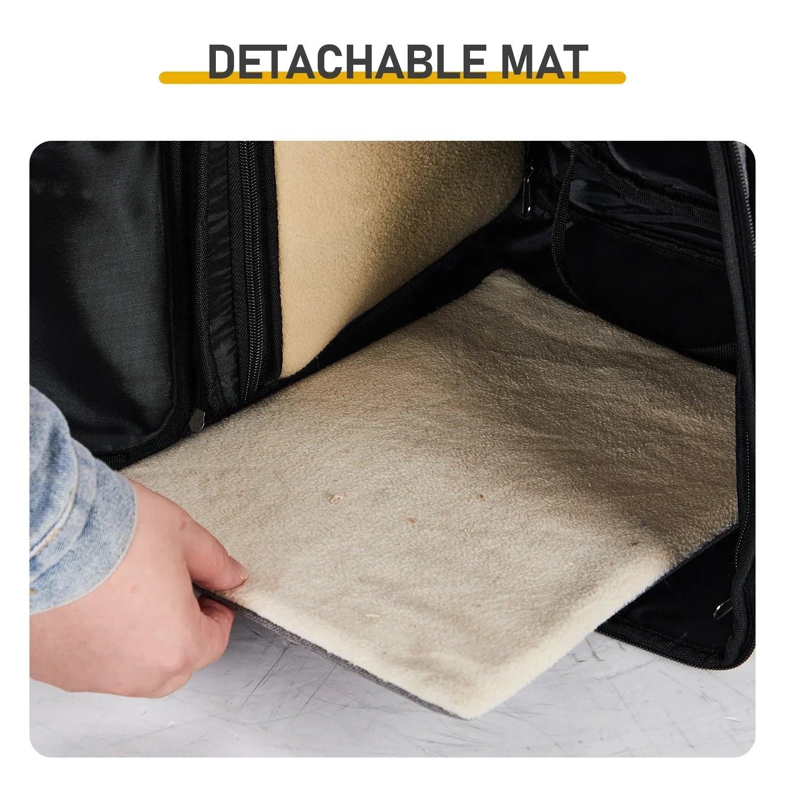 Detachable mat being pulled out of a vehicle trunk