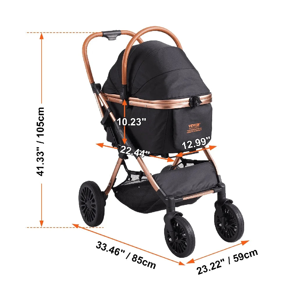 Black and rose gold stroller with dimensions indicated on a white background