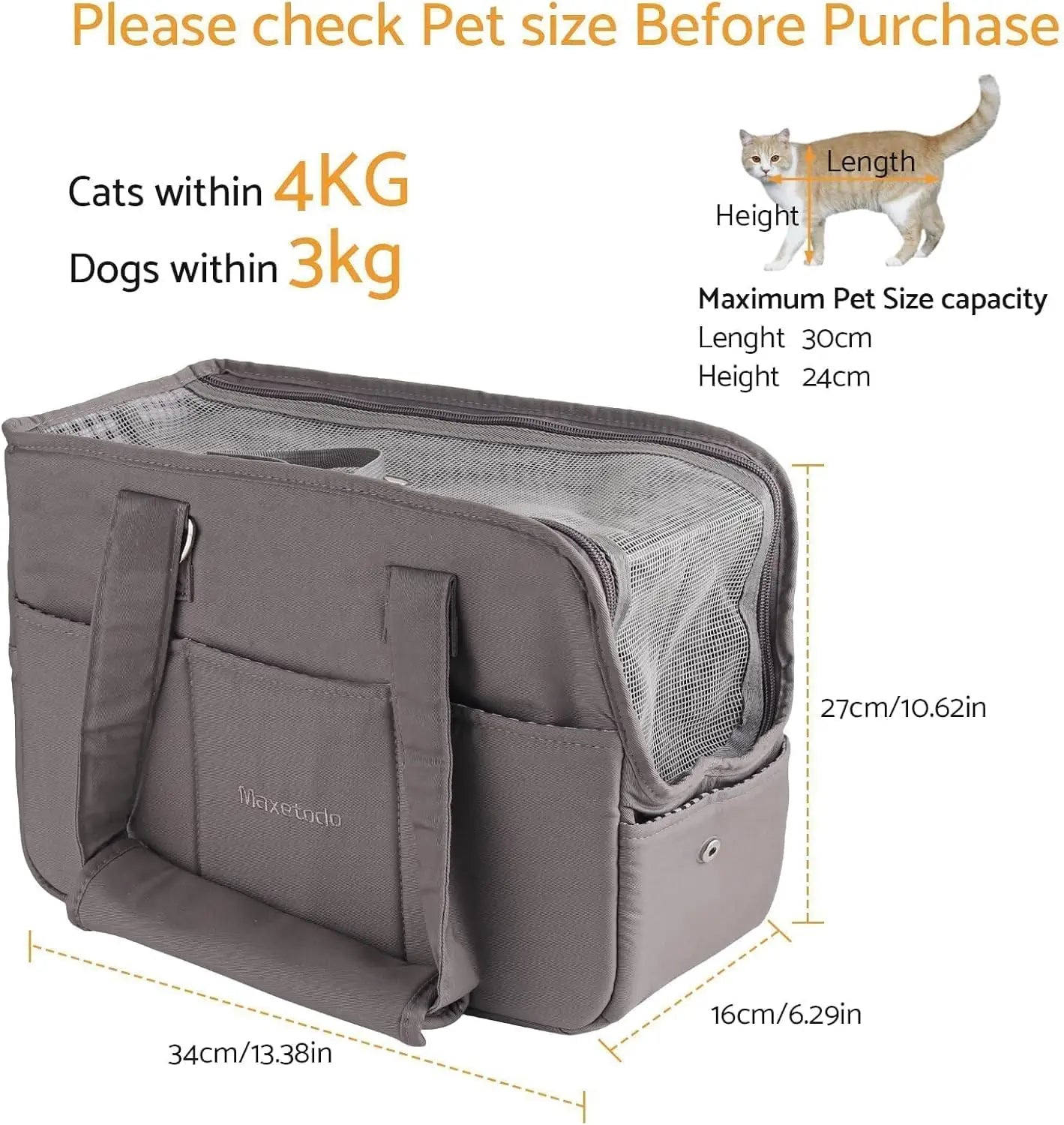 Pet carrier with dimensions and pet size capacity information on a white background