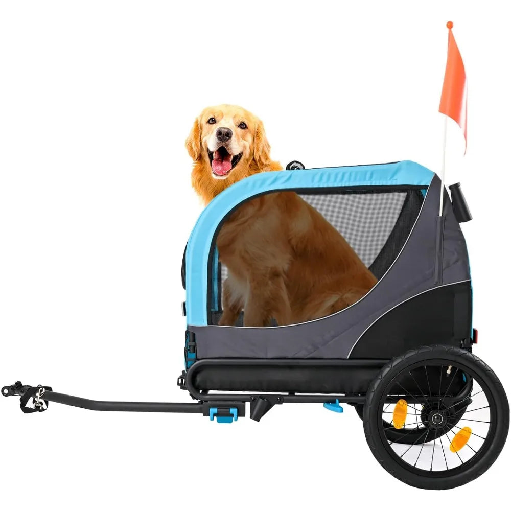 Dog in a blue and gray pet stroller with an orange flag on a white background
