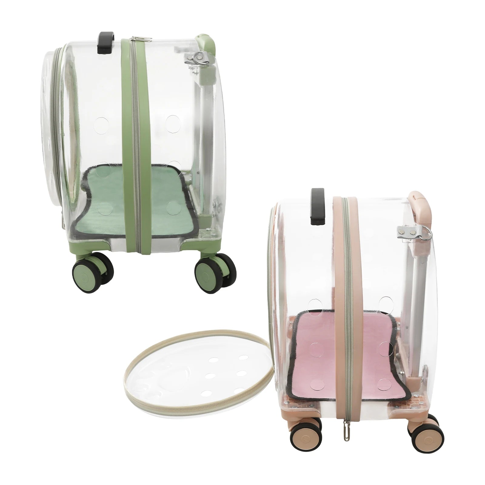 Clear transparent luggage with green and pink interior on a white background