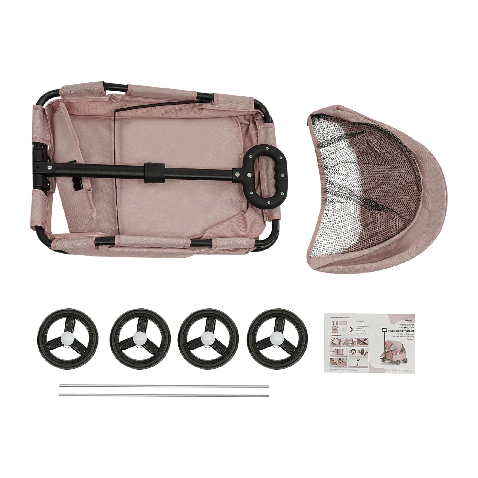 Pink pet stroller with wheels, canopy, and assembly instructions on a white background