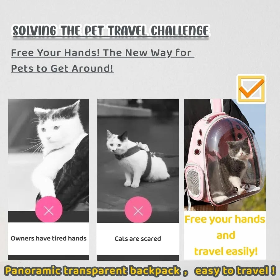 Advertisement for a transparent backpack for pets, showing a cat using it and highlighting benefits.