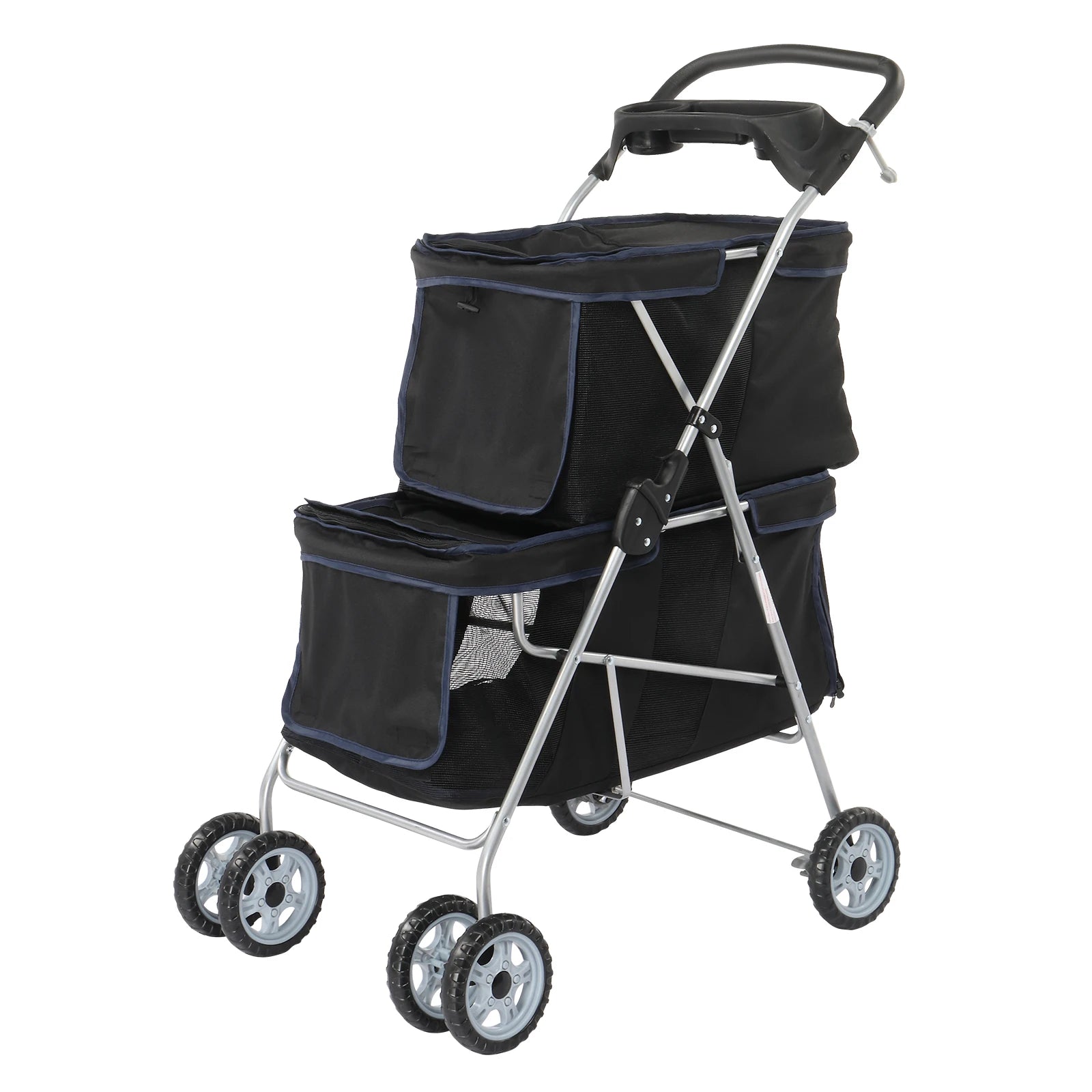 Black pet stroller with wheels on a white background